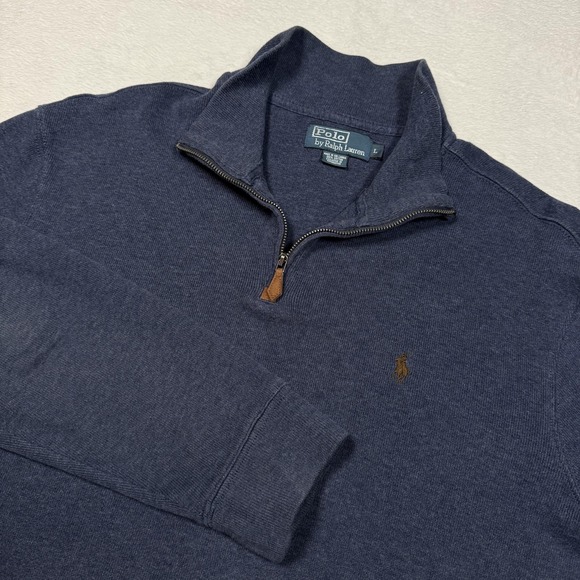 Polo Ralph Lauren Sweater Mens Large Navy Half Zip Pullover Mock Neck Pony Logo - Picture 1 of 9